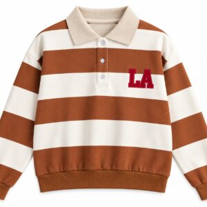 Bluza polo rugby w paski brązowo-kremowa z naszywką LA