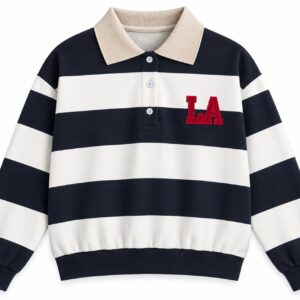 Bluza polo rugby czarno-kremowa w paski z naszywką LA